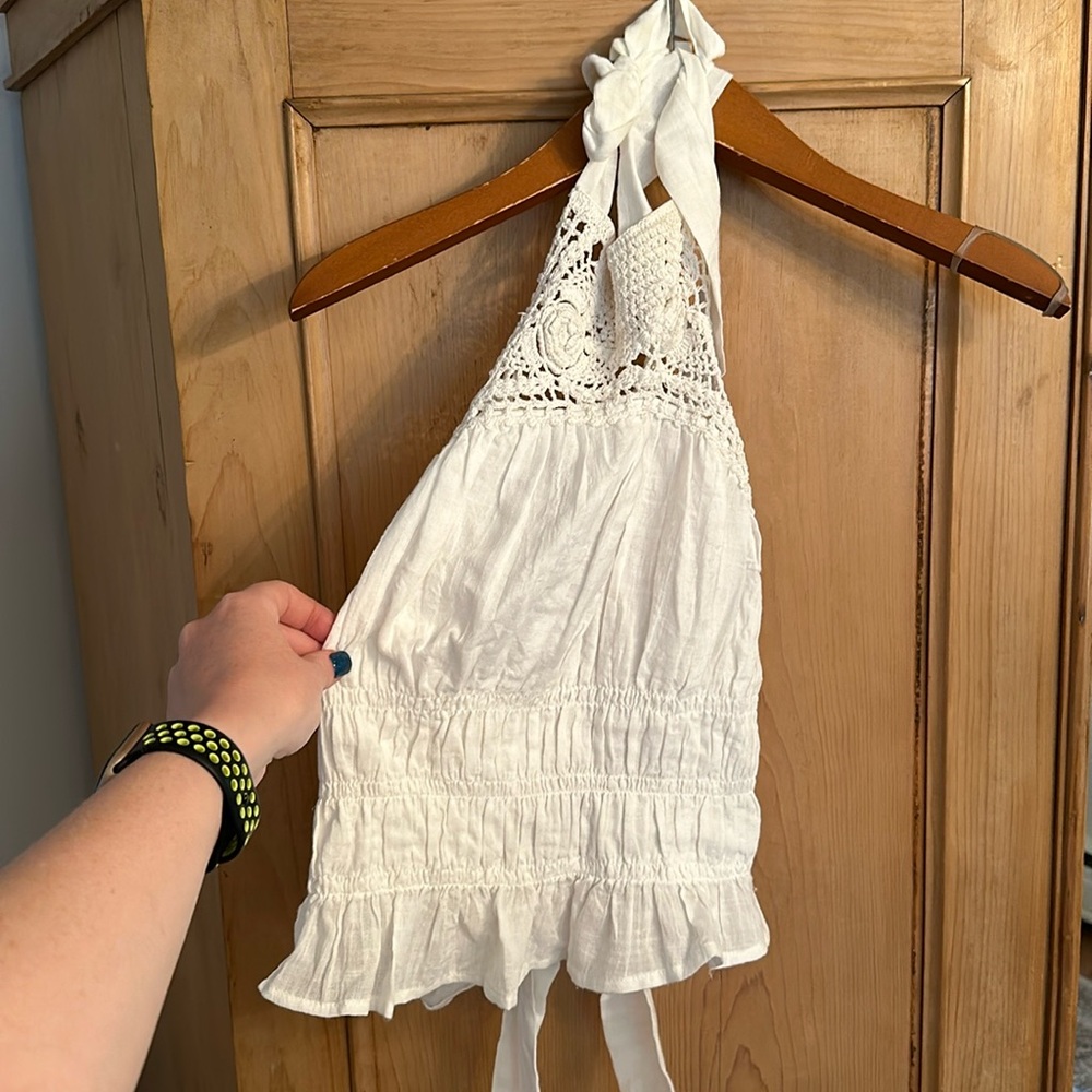 Free People White Crochet Halter Tank Top